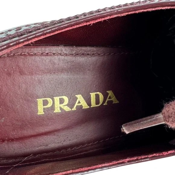 PRADA Brogues Burgundy Patent Leather Women Wingtip Platform Loafers 39 - 9US